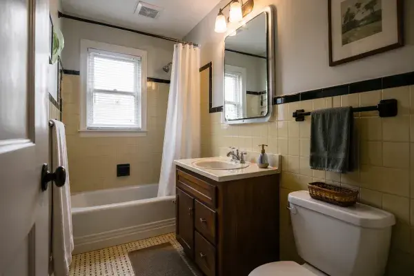 1950s bathroom remodel with original wall tile, updated vanity, improved lighting, and practical finish upgrades.