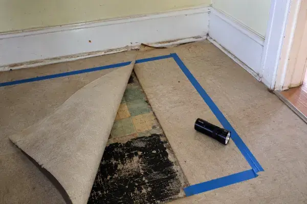 Lifted flooring in a 1950s house revealing old square vinyl tiles and black adhesive.