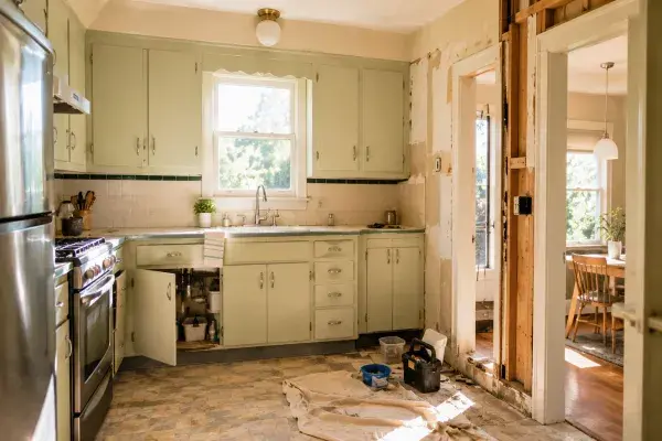 1950s kitchen remodel showing original cabinets, appliance updates, wall repair, and old-house renovation work.
