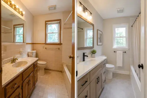 Before-and-after 1980s bathroom remodel with old beige tile, oak vanity, brass light fixture, and a cleaner updated bathroom.