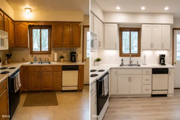 Before-and-after view of the same 1980s kitchen showing oak cabinets before renovation and lighter updated cabinets after.
