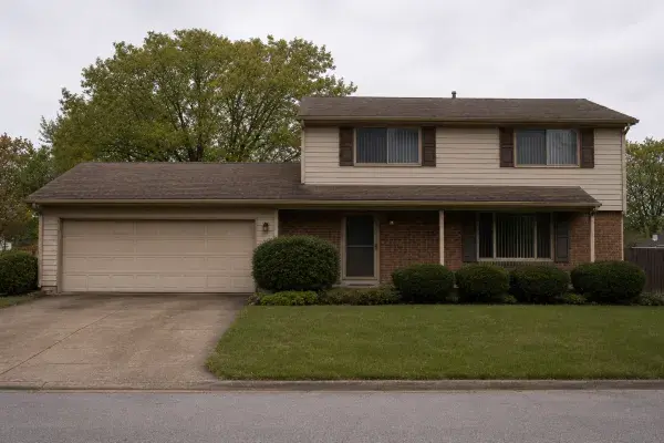 1980s suburban house exterior with beige siding, brick veneer, brown shutters, garage, lawn, and shrubs.
