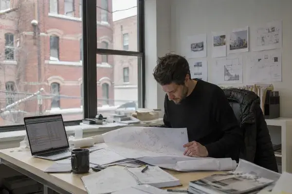 Architect reviewing drawings and monthly budget notes in a modest Montreal office.
