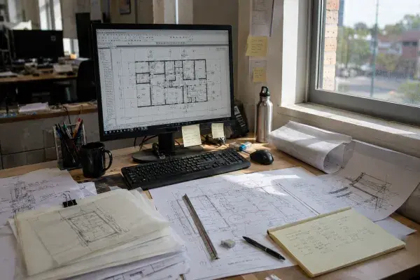 Architectural draftsman desk with CAD drawing, redlined plans, scale ruler, trace paper, and construction detail notes.