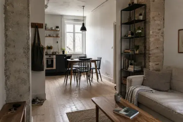 Scandinavian industrial apartment with brick, black metal shelving, pale wood, sofa, shoes, and daylight.