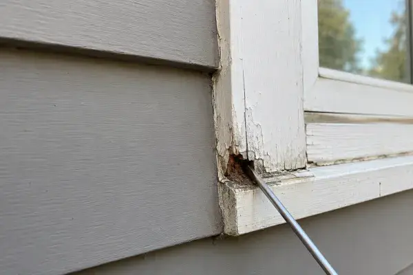 Awl checking soft rotten wood at window trim.