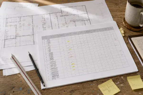 Printed floor plans and a door and window schedule being reviewed with marked-up opening tags before issue.