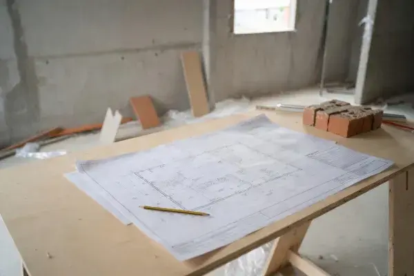 Architectural floor plan on a plywood table at an unfinished construction site.