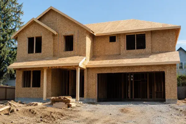 Two-story house under construction with OSB wall and roof sheathing visible.