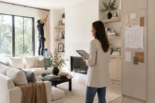 Interior designer reviewing installation work while a contractor adjusts curtains in a finished living room.