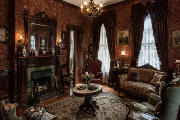 Ornate Victorian parlor with dark wood trim, patterned wallpaper, fireplace, heavy drapery, antique seating, and layered decoration.