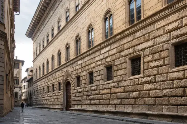Renaissance urban palace facade on a narrow Italian street with rusticated stone base, ordered upper windows, deep shadows, and small pedestrians for scale.