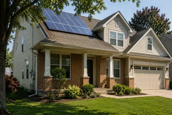 Modern suburban house with rooftop solar panels, partial tree shade, utility service, and site conditions affecting renewable energy design.