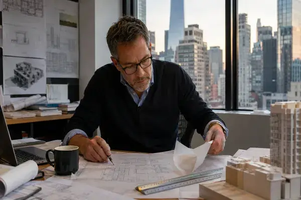 Senior architect reviewing drawings in a New York office with the city skyline in the background.