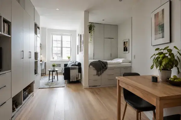 Small apartment layout with storage wall, clear walking path, compact sofa, and bed storage.