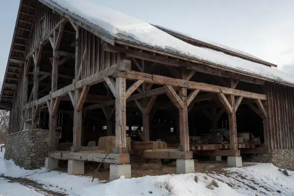 Wooden barn frame carrying roof snow load with posts, beams, braces, and foundation supports.