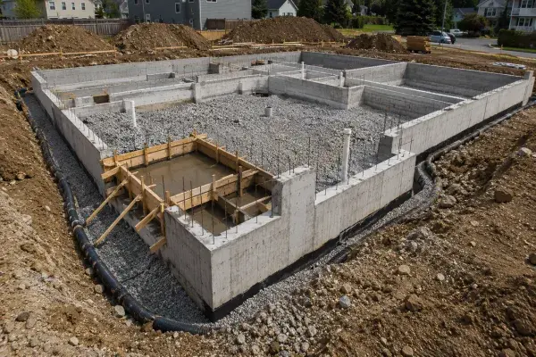 Residential foundation under construction with concrete walls, gravel base, drainage pipe, soil, and wood formwork visible.