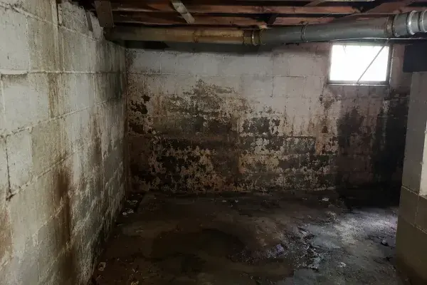 Damp basement with stained block walls, wet floor, and low wood framing.