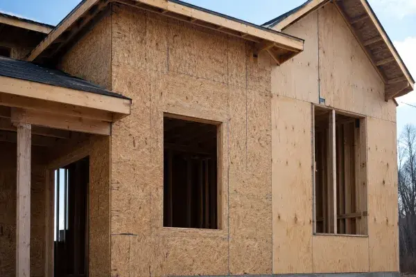 OSB and plywood exterior wall sheathing panels installed around window openings.