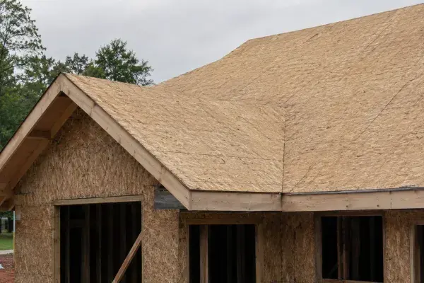 Roof sheathing panels installed over rafters before underlayment and shingles.