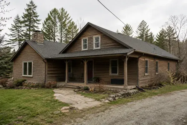 Rustic wood house with porch, stone base, gravel drive, and simple rooflines.