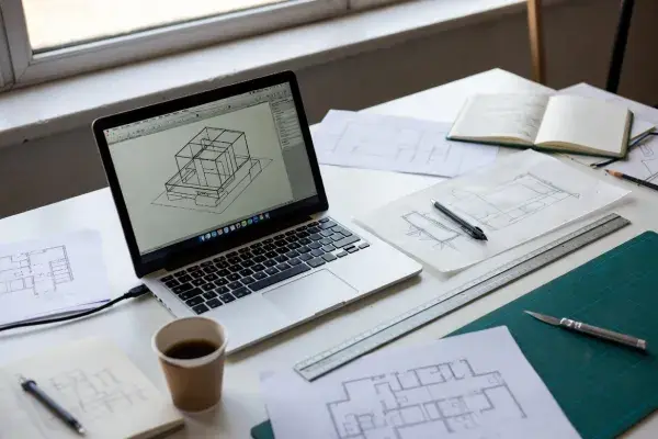 Architecture student desk with laptop CAD model, sketches, ruler, and cutting mat.