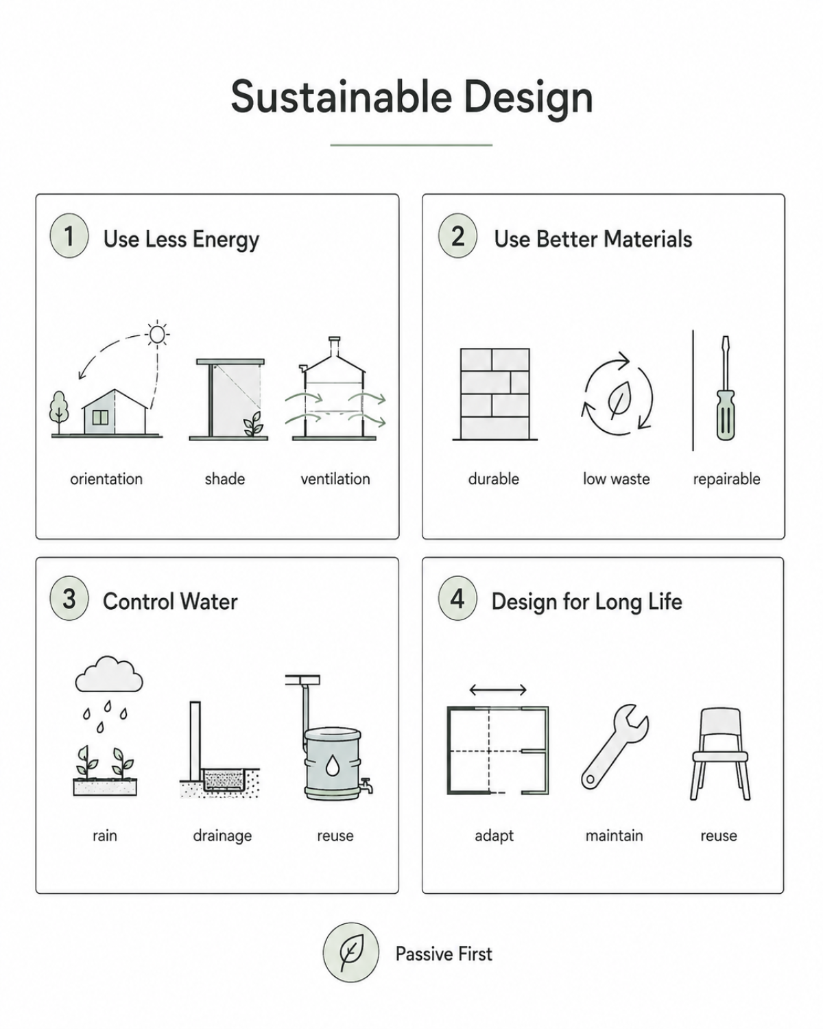 Diagram showing core sustainable design principles, including passive strategies, resource efficiency, durable construction, and common sustainability systems used in buildings.