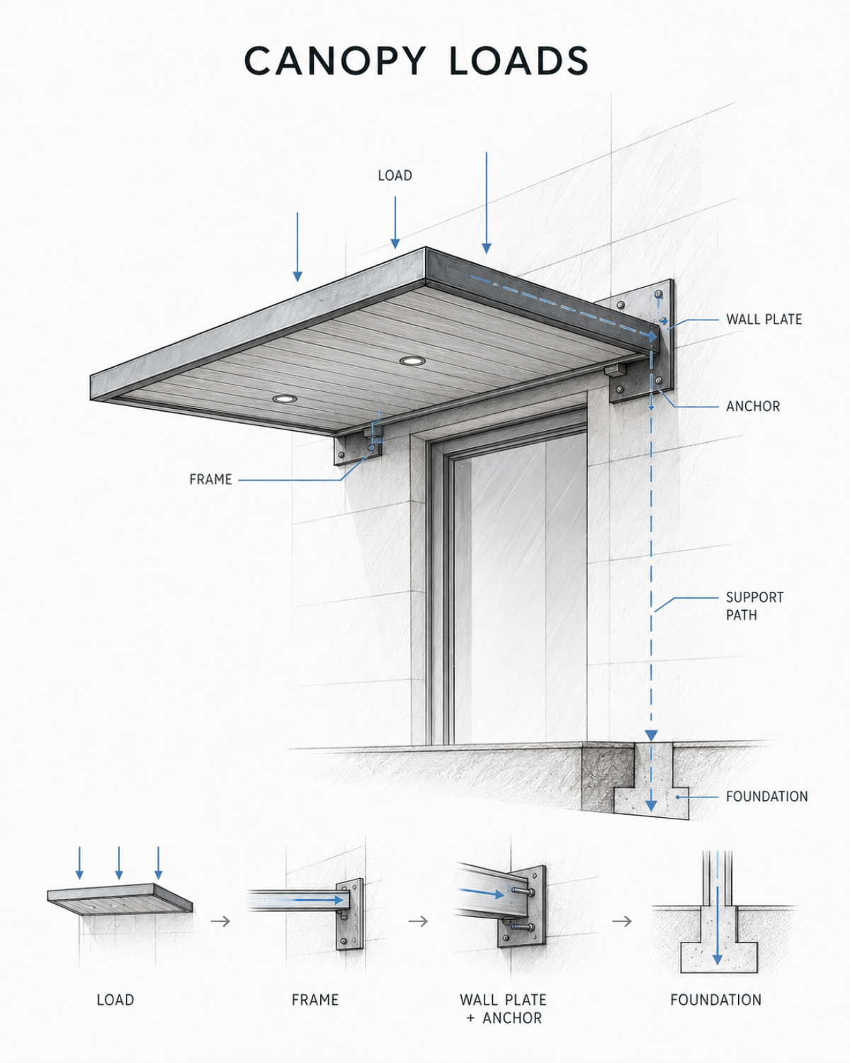 Canopy load path diagram showing load, frame, wall plate, anchor, support path, and foundation.