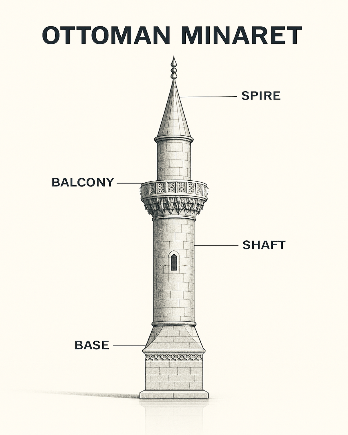 Showing labeled parts of an Ottoman minaret including spire, balcony, shaft, and base.